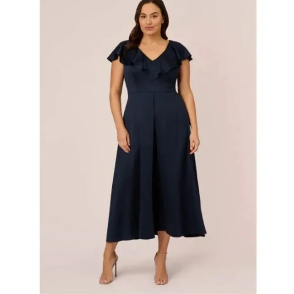 NEW Adrianna Papell Satin Crêpe Ruffled jumpsuit half dress navy Plus size 24 W